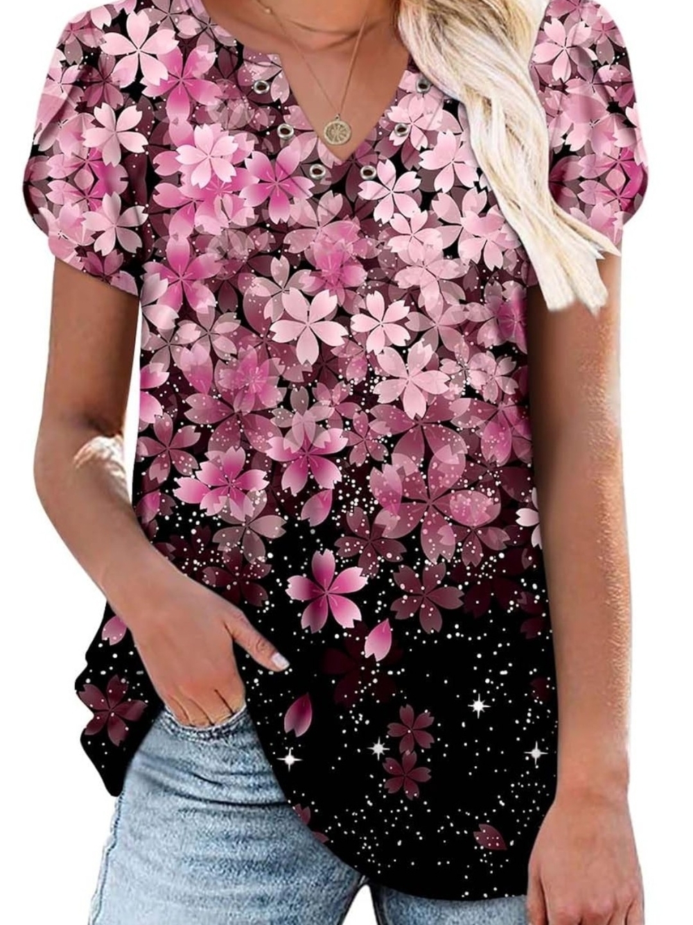 Floral V-Neck Short Sleeve Top in Pink and Black